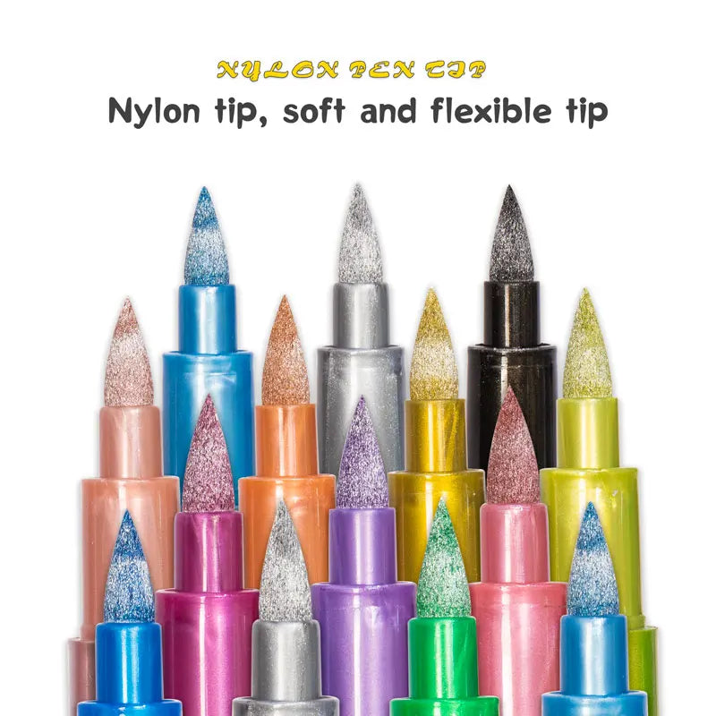12 Colors Brush Metallic Paint Markers Pens for Rock Painting Stone Ceramic Wood Fabric Pebbles Scrapbook Journals Photo Albums