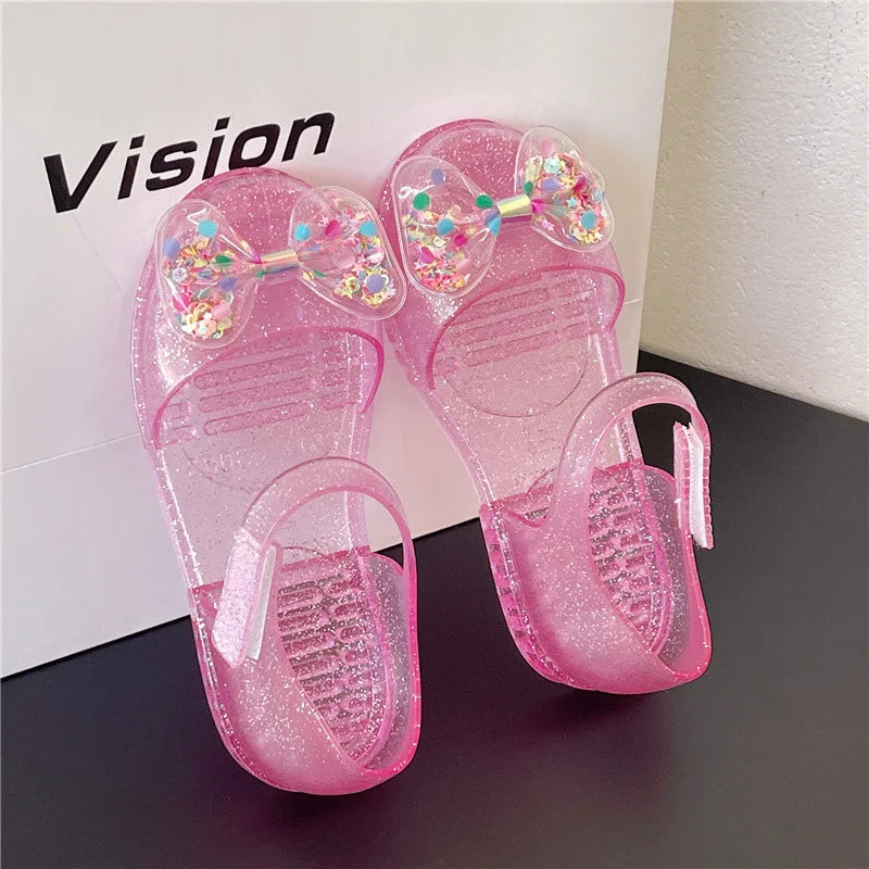 Summer Bow Crystal Jelly Girl Casual Princess Sandals Children Closed-Toe Non-Slip Soft Sole Beach Shoe Kids Casual Outdoor Shoe