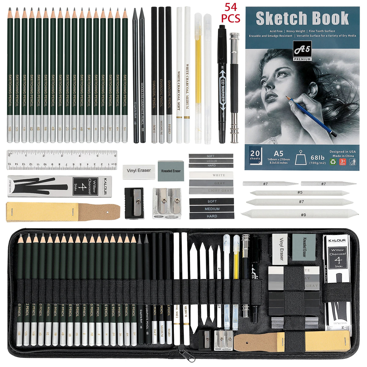 29-70 pcs Drawing Set Sketching Kit - Art Supplies,for Adults Artists with 3-Color Sketchbook,Graphite,Pastel,Charcoal Pencils