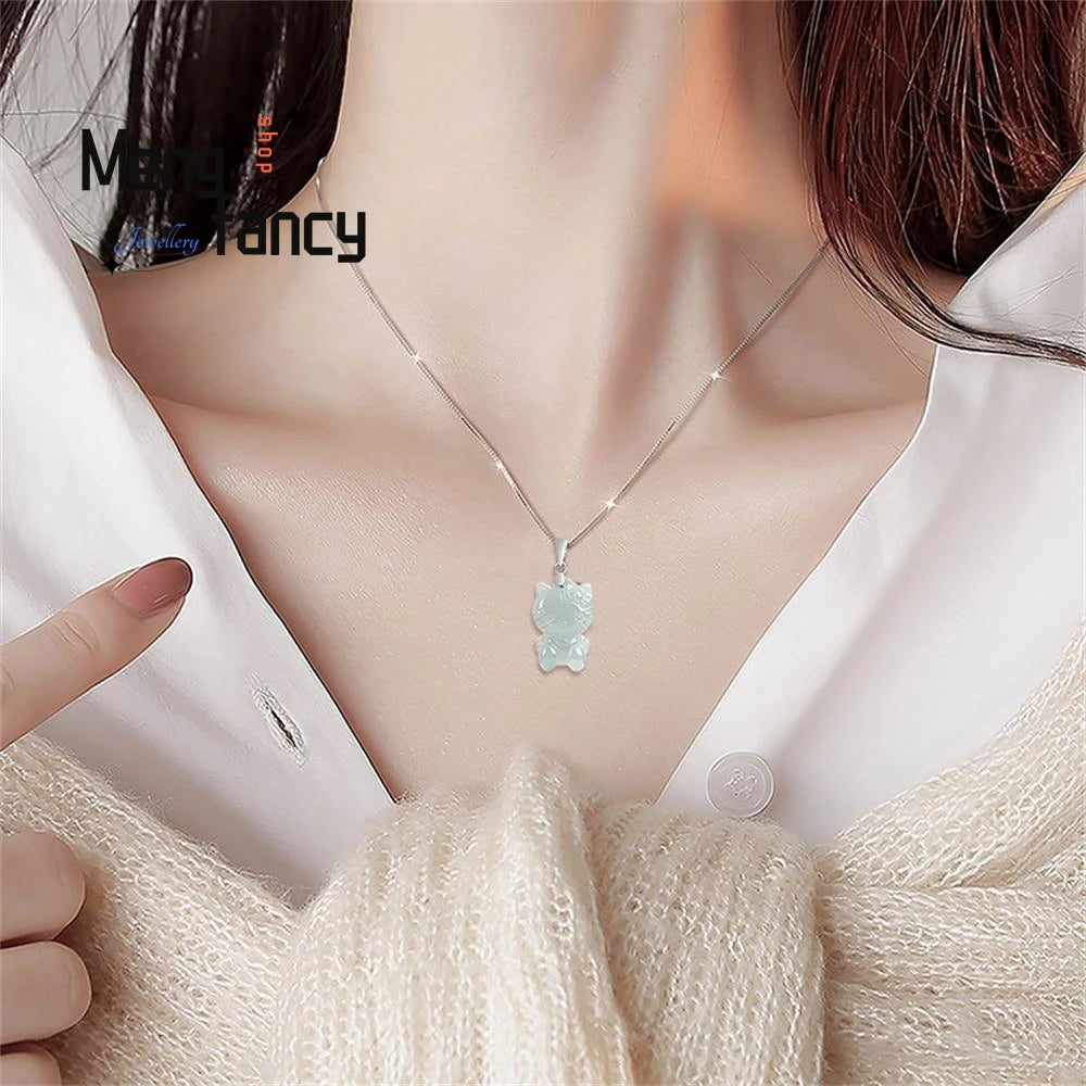 S925 Silver Natural Myanmar A-goods Jadeite Cute Cat Female Pendant Exquisite Elegant Mascot Best Selling Fashion Luxury Jewelry