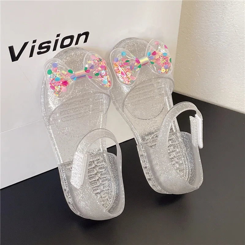 Summer Bow Crystal Jelly Girl Casual Princess Sandals Children Closed-Toe Non-Slip Soft Sole Beach Shoe Kids Casual Outdoor Shoe