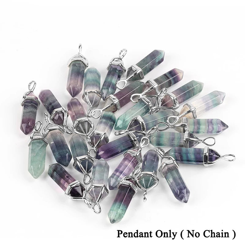 CSJA Fluorite Crystals Necklaces Pendants Suspension Quartz Natural Gem Stone Necklace for Women Hexagonal Reiki Healing G954