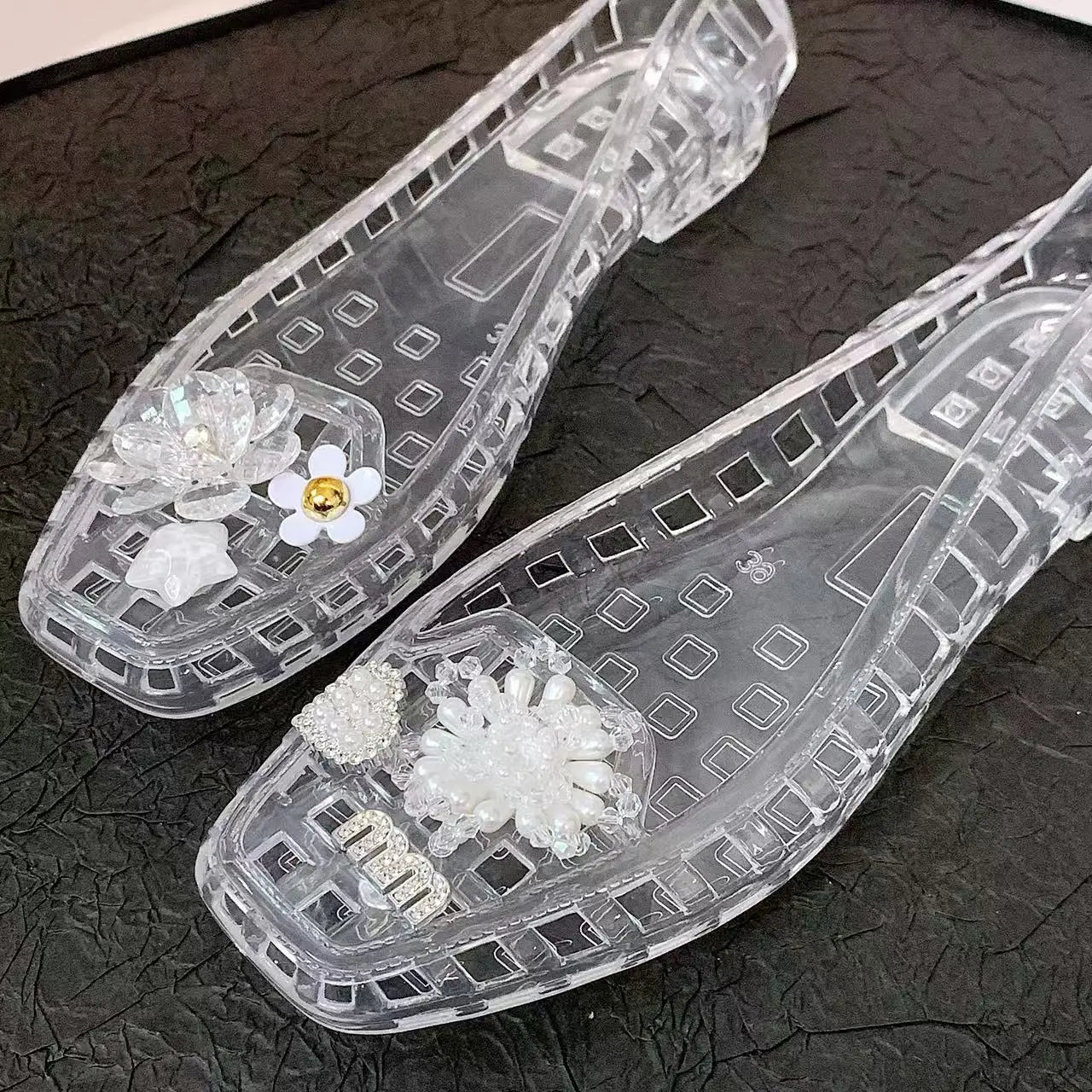 Women's Jelly Crystal Slippers, Square-Toe Women's Shoes, Crystal Flower Set Accessories, Crystal Clogs, Sandals, Jelly Shoes, Slip-On Slippers