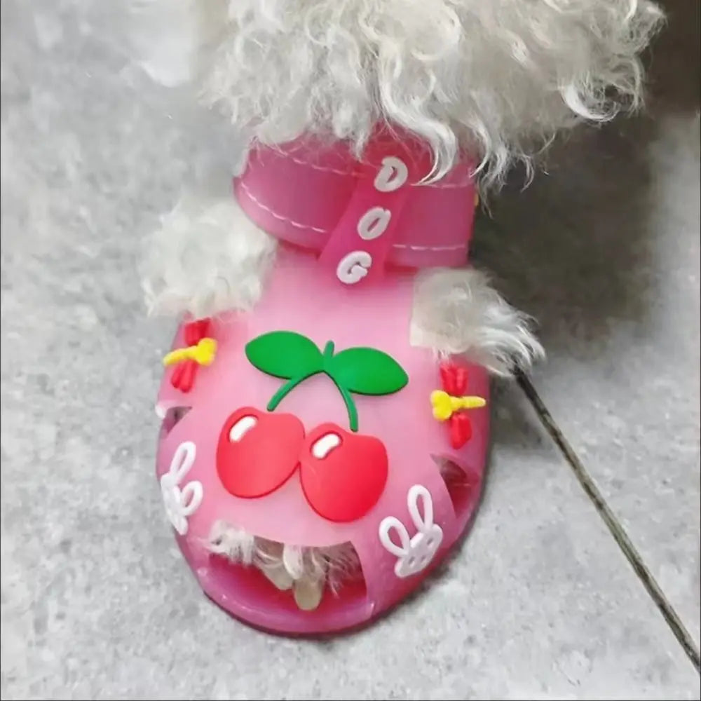 4Pcs/Set Cartoon Dog Summer Jelly Sandals Soft Adjustable Breathable Dog Shoes Wear-resistant Non-slip Hollow Puppy Shoes