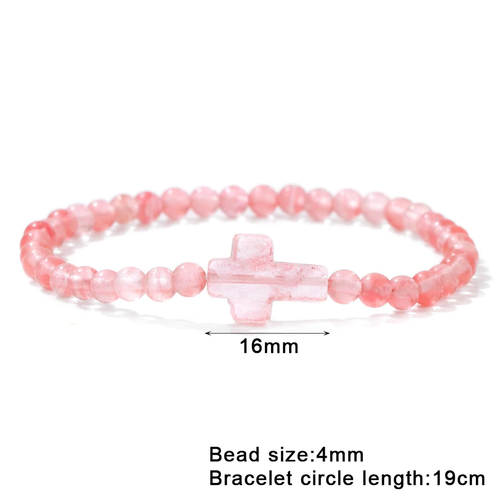 Trendy 4mm Beads Bracelet Stone Cross Charms Bracelet For Women Natural Gems Crystal Bangles Handmade Jewelry Men Yoga Prayer