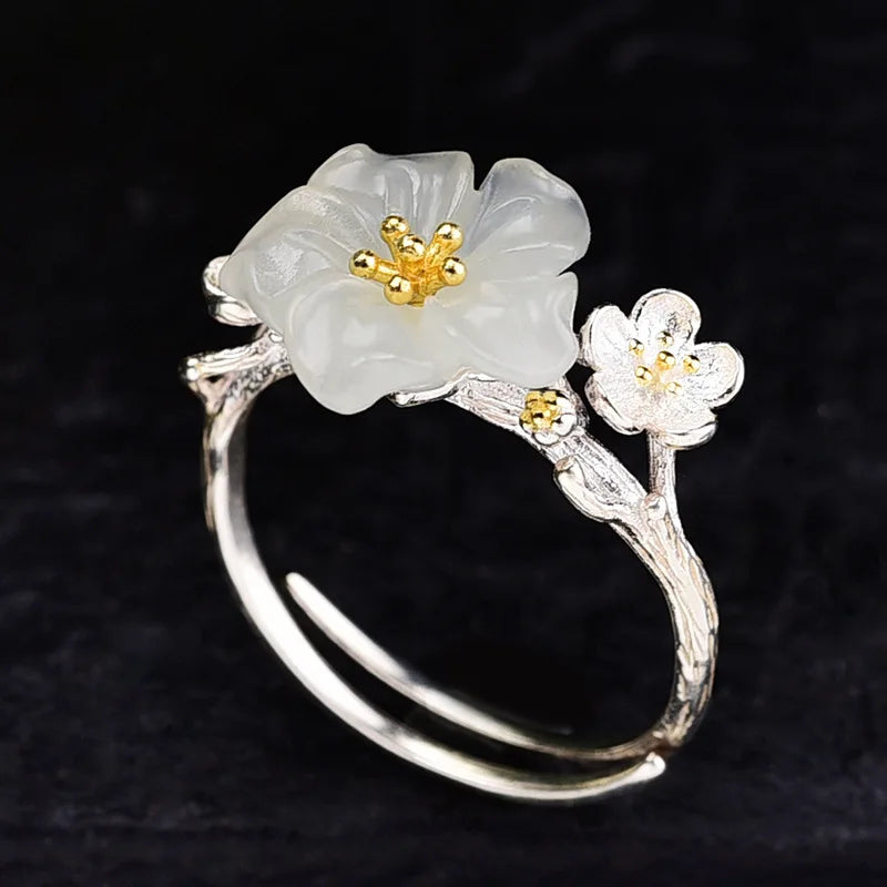 Natural Hotan Jade plum blossom jewelry sets Elegant and luxurious ring earrings for women S925 silver wedding accessories
