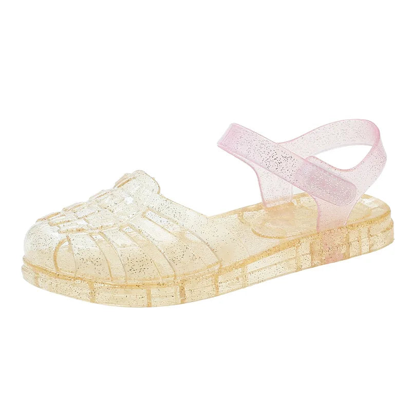 New Summer Kids Crystal Jelly Princess Clogs Sandals for Baby Girls Roman Soft Sole Beach Shoes Non Slip Flat Fun Children Shoes