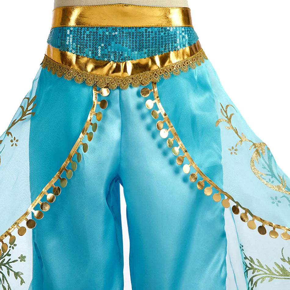 Girls Princess Jasmine Cosplay Costume Set Kids Arabian Outfit With Wig Crown Lamp Halloween Carnival Birthday Party Fancy Dress