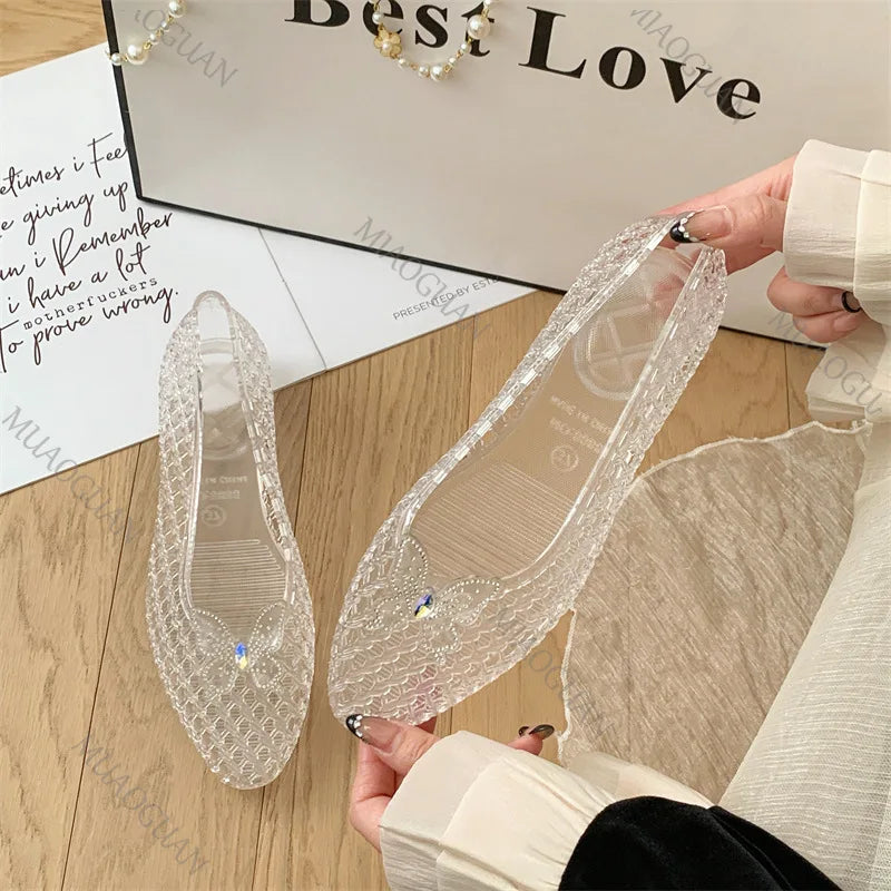 Fashion Crystal Butterfly Jelly Sandals Clear Sequin Outdoor Beach Flat Shoes Causal Comfort Vacation Mesh Breathable Footwears