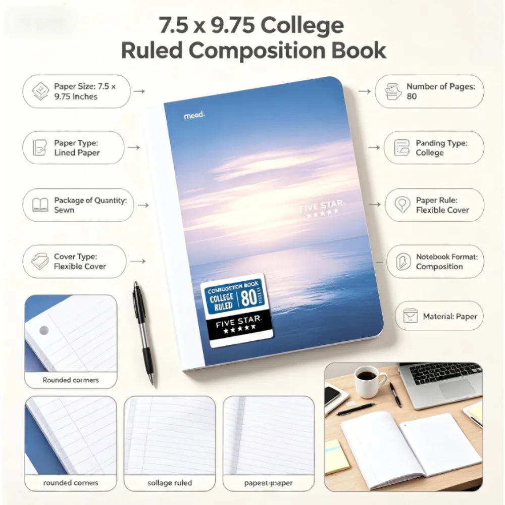 7.5" x 9.75" Sky College Ruled Composition Book, Rounded Corners, 100 Sheets Flexible Cover Notebook for School