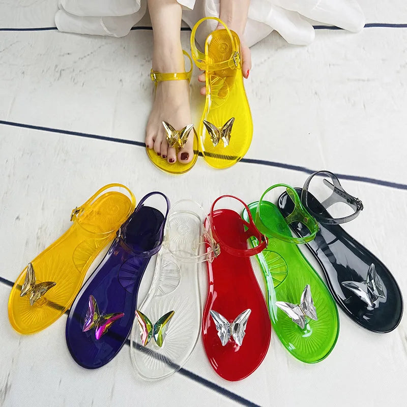 Butterfly Rhinestone Transparent Pvc Jelly Sandals Women Ankle Strap Flat Sandals Summer Beach Casual Outdoor Walking Shoes