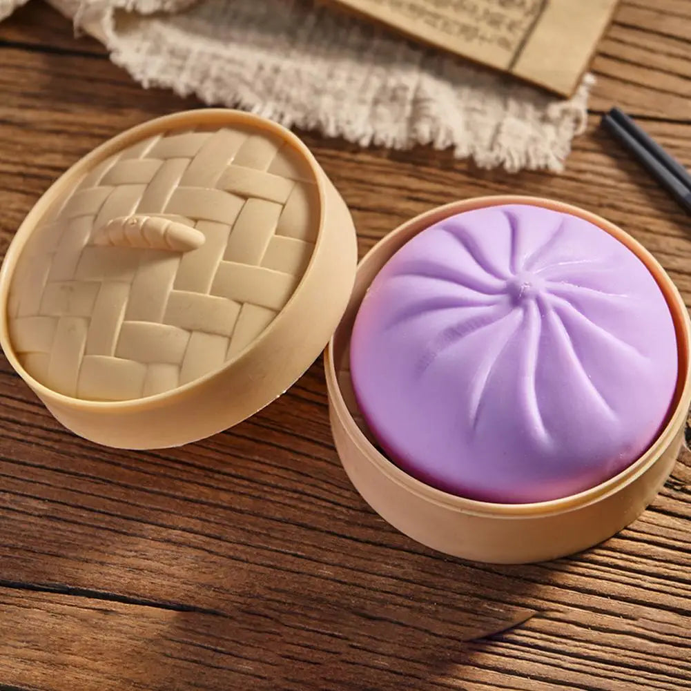 Colorful Dumpling Squishes Stress Balls Fidget Sensory Toys Simulation Food Squishies Bun with Steamer Squeeze Dough Ball Gifts