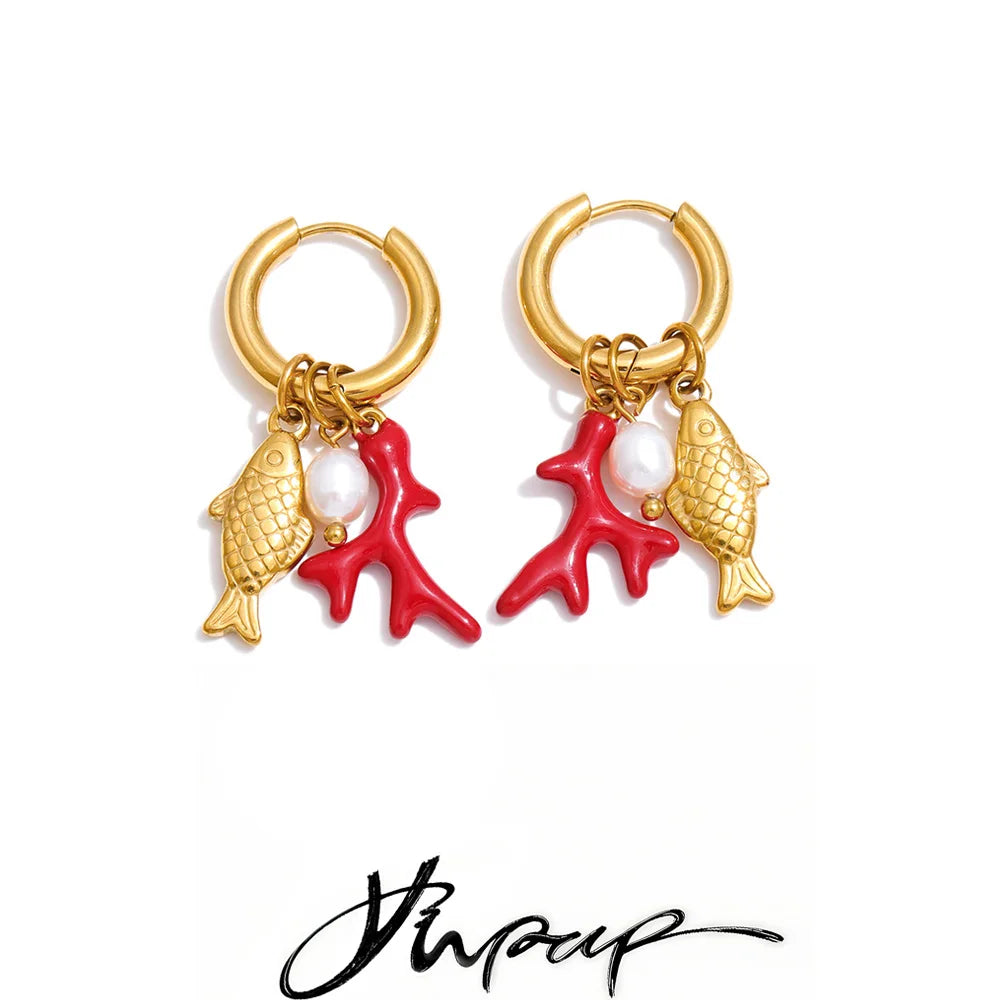 Yhpup Ocean Style Stainless Steel Natural Pearl Fish Drop Charm Earrings Summer Handmade Arrivals Ear 2026 Jewelry PVD Plated