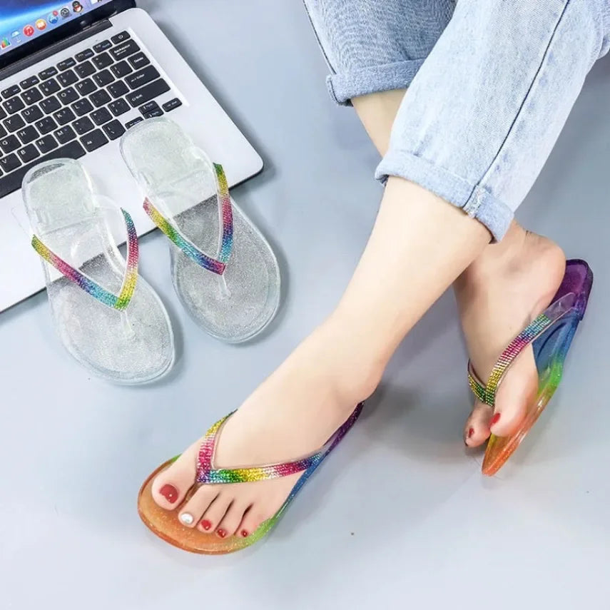 Rainbow Slippers Woman Summer Beach Sandal Outdoor Soft Non Slip Flip Flops Cloud Female Jelly Crystal Shoes Slides Outdoor