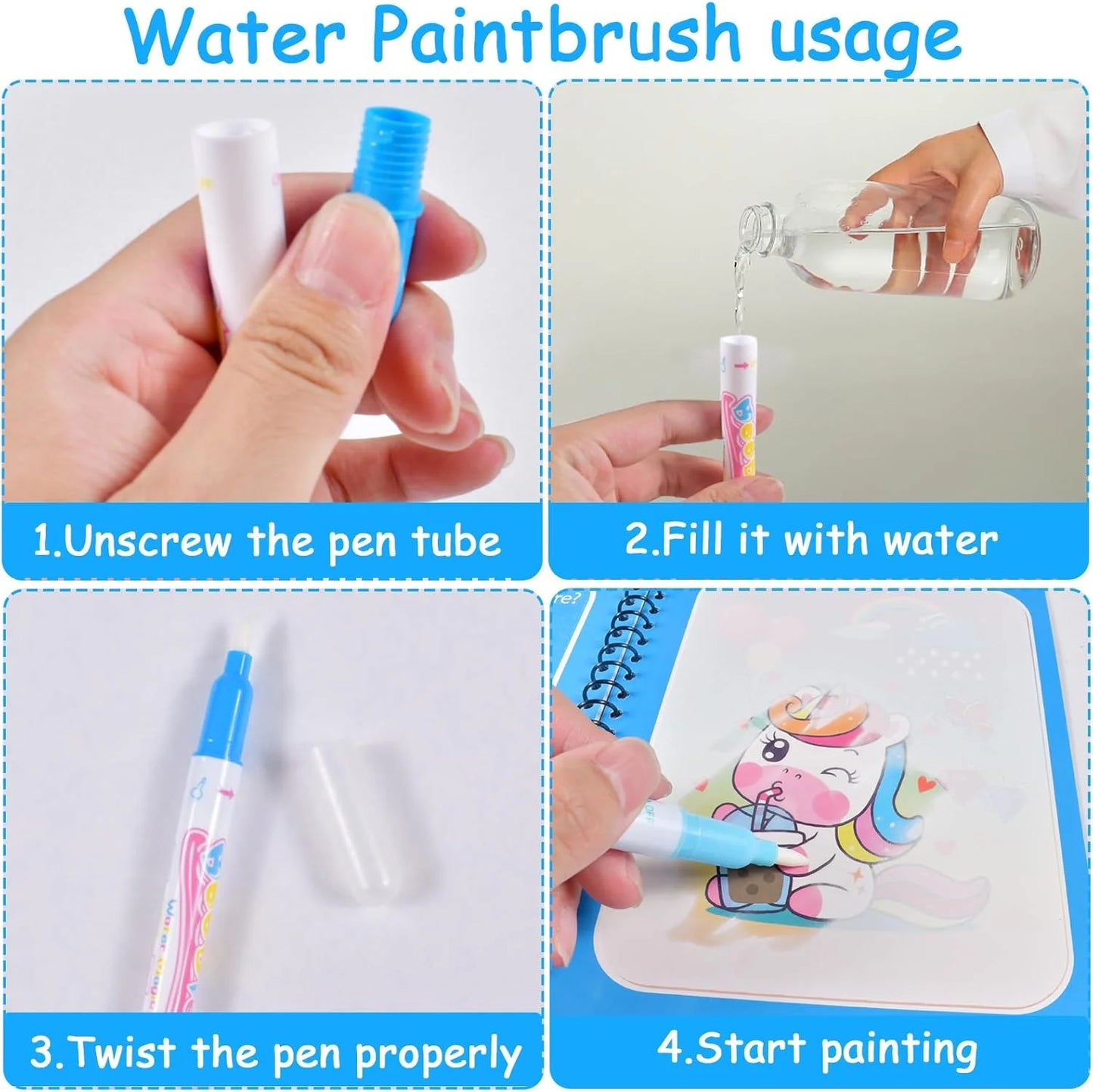 1PC Children's Watercolor Painting Magic Book with Refillable Water Pen for Children Animal Cartoon Painting Book Education Toys