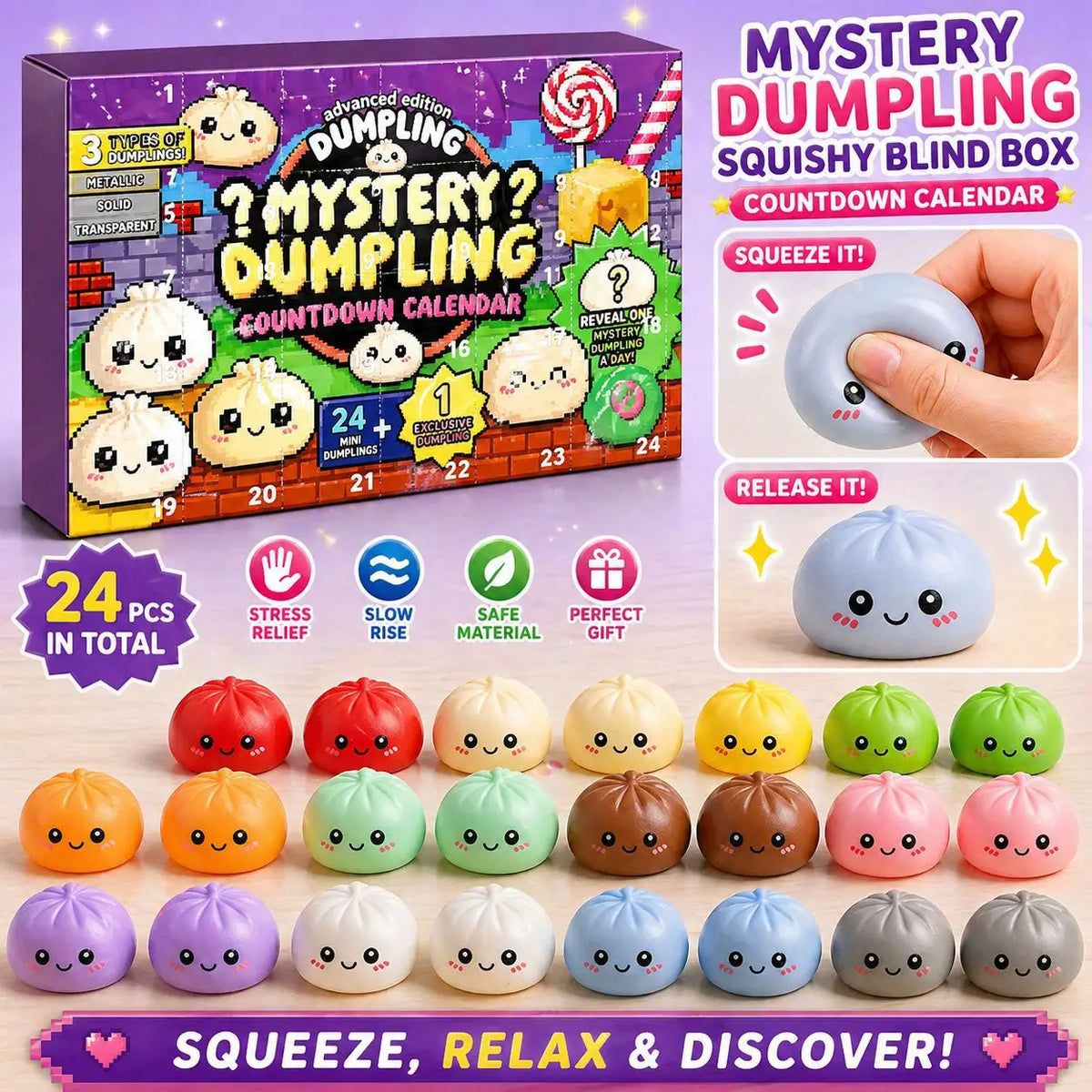 Surprise Dumpling Blind Box Countdown Calendar 24 Day Stress Relief Squeeze Toy Set Kids Teens Women Desk Party Table Decor Gift
