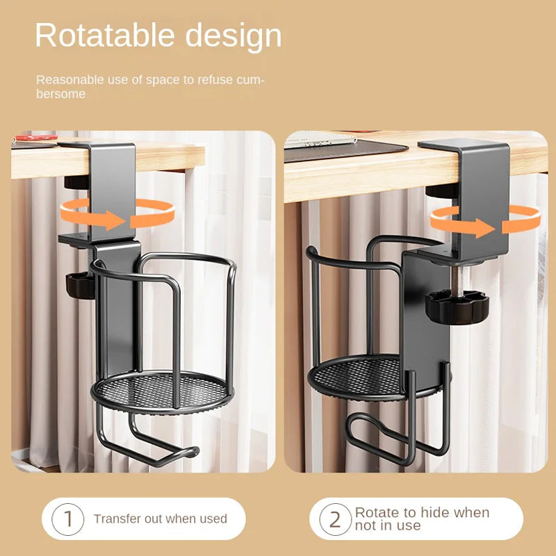 2 in 1 No Drill Desk Cup Holder Adjustable Upgraded Arm Clamp Stand 360 Degree Rotating Table Edge Clamp Anti-Fall Cup Holder