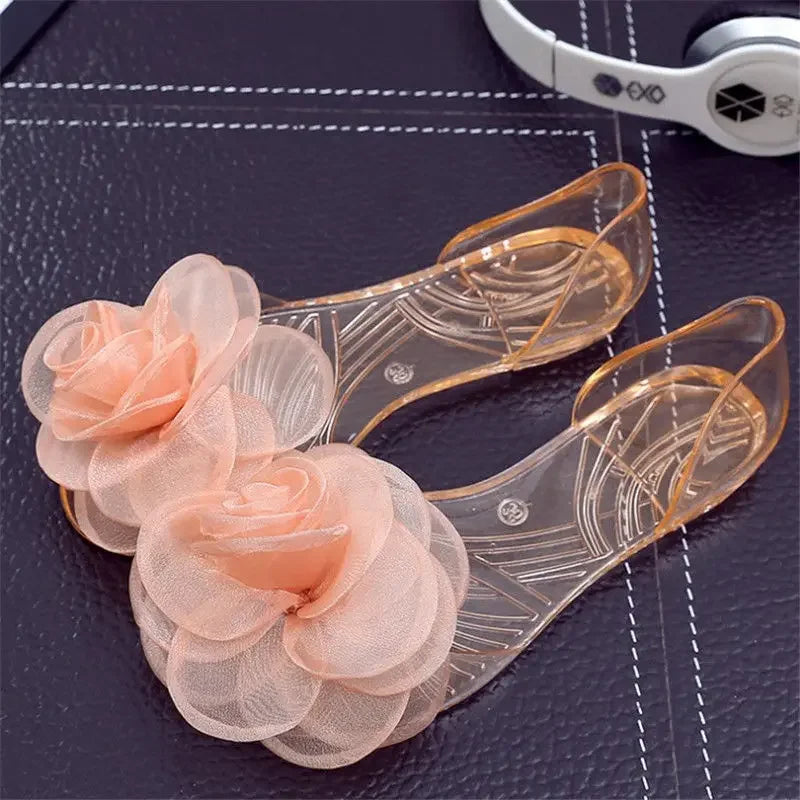 No Heel Beach Transparent Summer 2025 Jelly Sandals for Women Footwear Outdoor Bow Ladies Shoes Flat Rubber Crystal F Shoe Korea