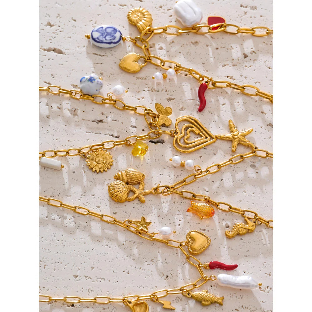 Yhpup Ocean Style Stainless Steel Pearl Shell Starfish Flower Chilli Drop Charm Necklace Golden Plated Handmade Holiday Jewelry