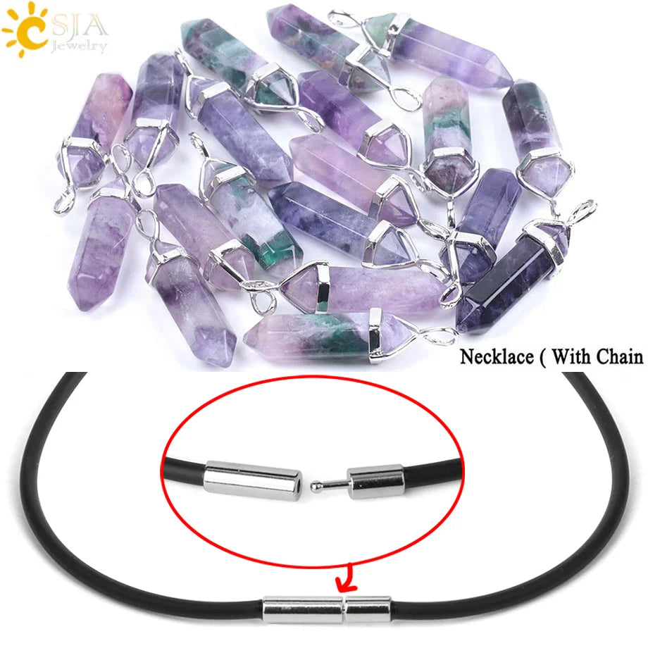CSJA Fluorite Crystals Necklaces Pendants Suspension Quartz Natural Gem Stone Necklace for Women Hexagonal Reiki Healing G954