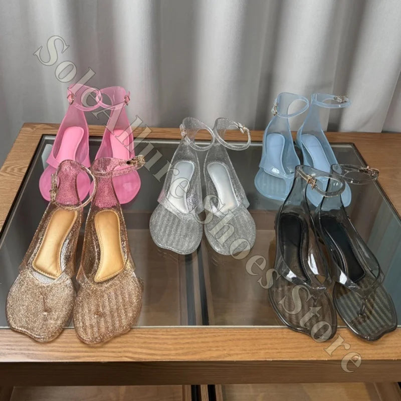 Glitter Jelly Sandals With Ankle Buckle Low Block Heel Thong Style Non Slip For Beach Trips And Summer Events