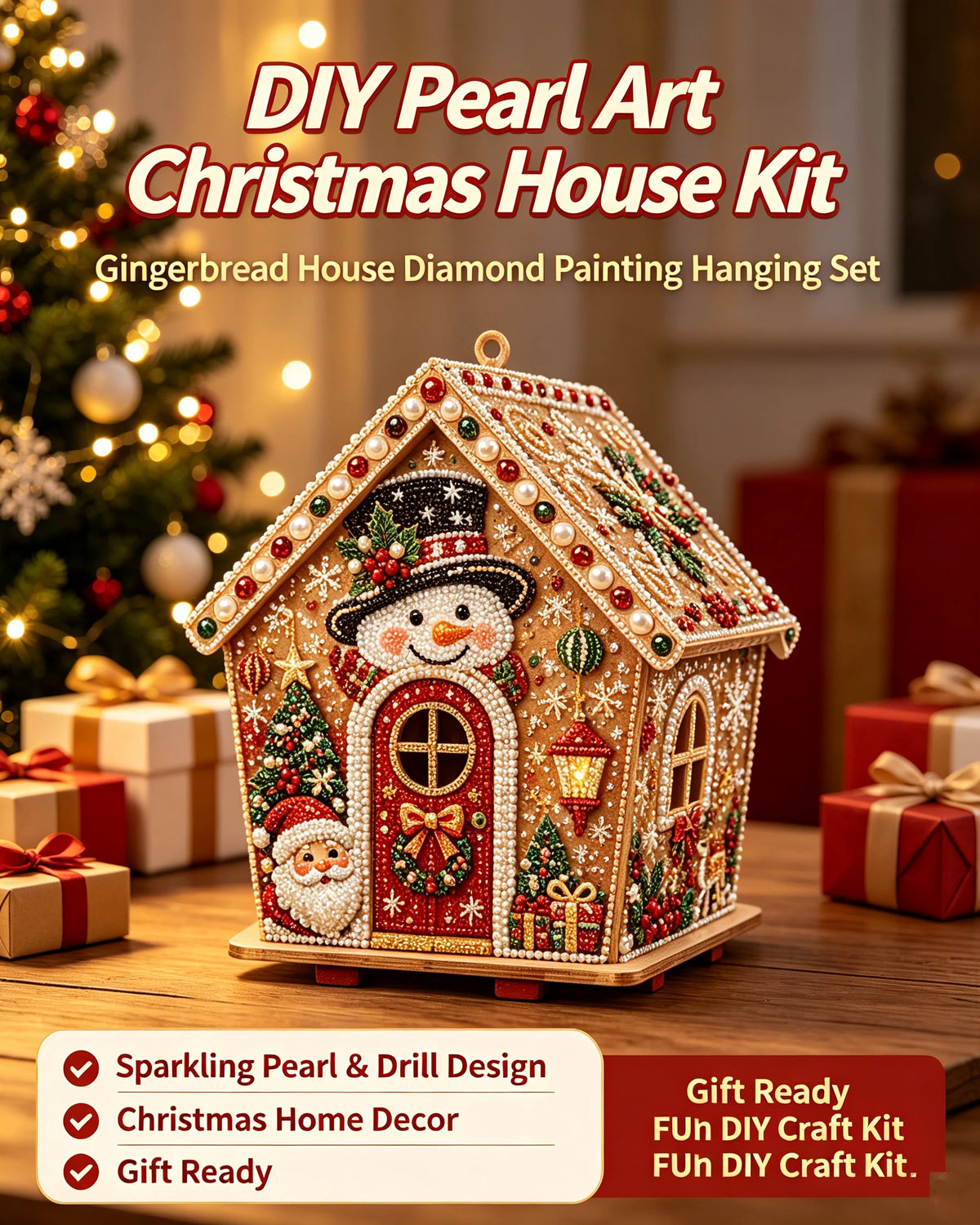 DIY Pearl Art Christmas House Diamond Painting Kit Gingerbread House Shape Xmas Hanging Ornament Set for Home Holiday Decor Gift