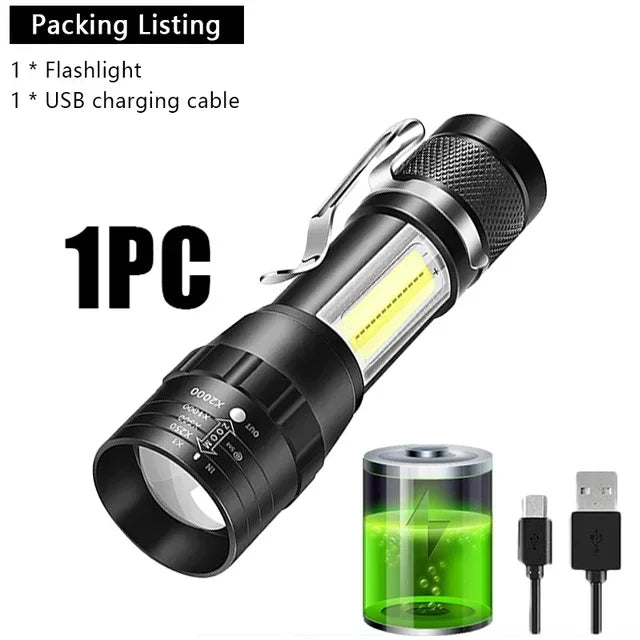 COB+XPE Mini Portable Flashlight Zoomable Small Torch USB Rechargeable Outdoor Camping Fishing Long Range Emergency Lantern