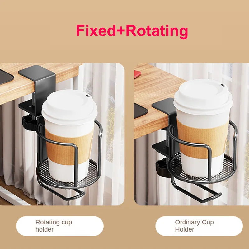 2 in 1 Desk Cup Holder with Headphone Hanger Holder, Anti-Spill Clip-On Table Cup Hook with 360° Rotation for Office Home Table