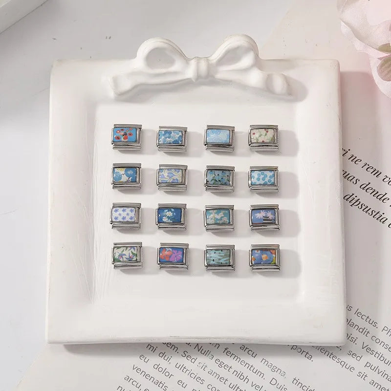 Wholesale Blue Series Beautiful Blue Flowers Italian Charms Fit 9mm Stainless Steel Women Fashion Bracelet DIY Jewelry Gifts
