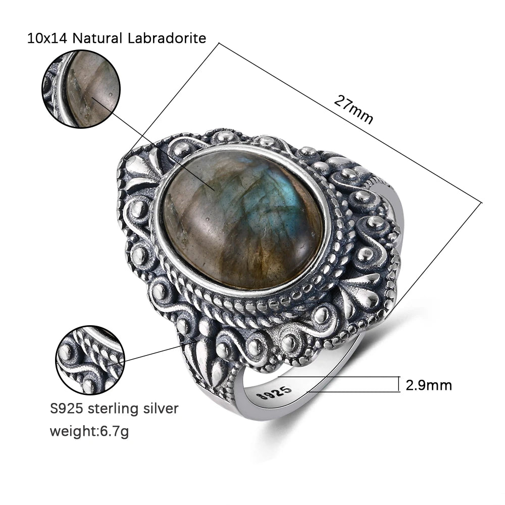 Oval Natural Labradorite Rings for Women Men S925 Silver Ring Finger Ring Retro Gemstone Rings Jewelry Party Gift