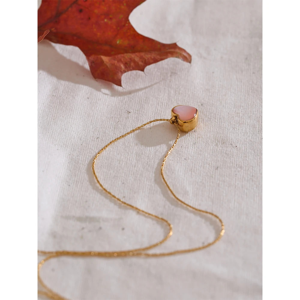 Yhpup Valentine's Day Gift Pink Shell Heart Thick Necklace Pendant Stainless Steel Cute Charm Exquisite Jewelry New