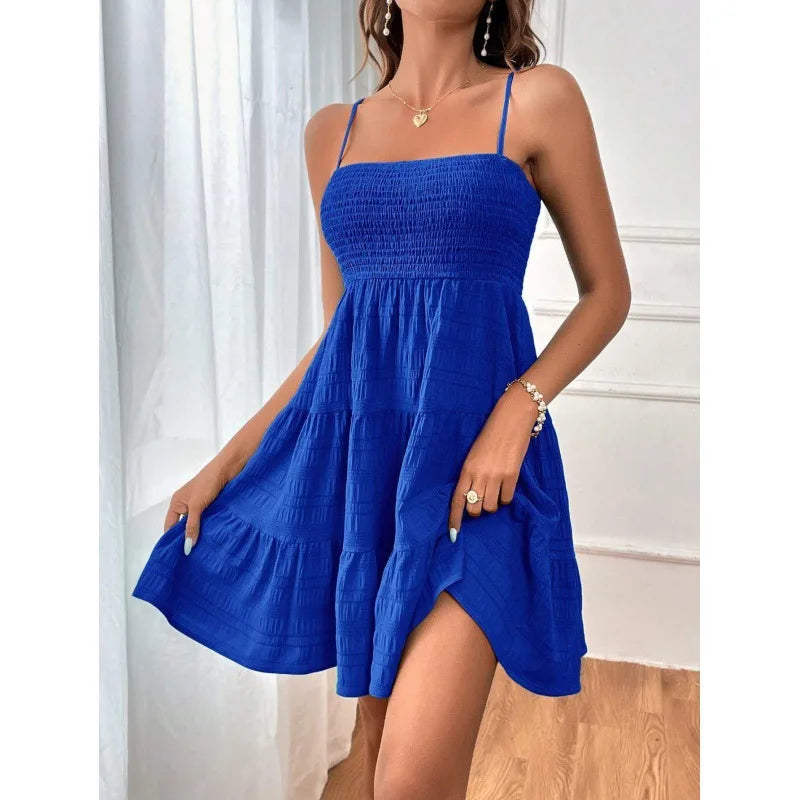 Women's Fashion Spaghetti Strap Smocked Bustier Mini Dress Blue Ruffled Tiered Swing Dress Summer Casual Vacation Beach Wear