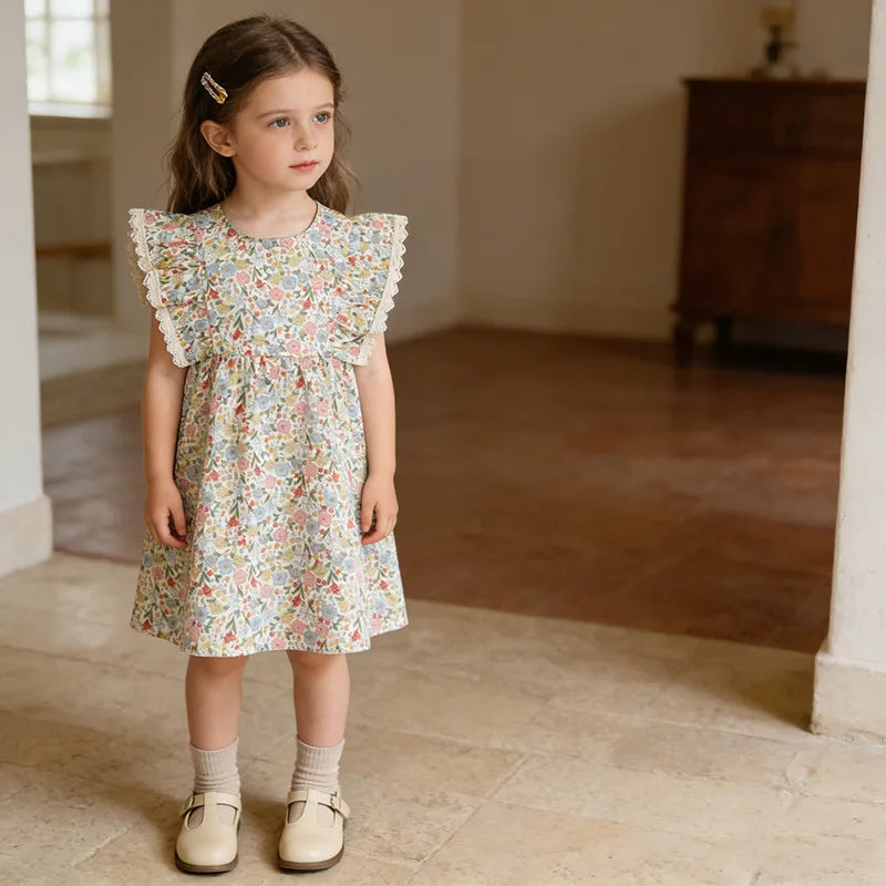 Girls Dress 2026 Spring and Summer New Childrens Clothes Girls Baby Fashionable Floral Flying Sleeve Princess Dress Simple