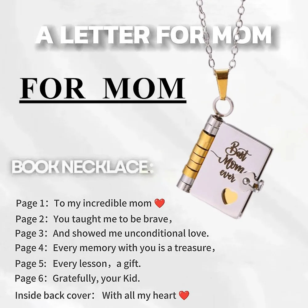 Mother’s Day Gift Best Mom Ever Book Necklace Stainless Steel Engraved Book Locket Necklaces Women Daughter Present for Mom