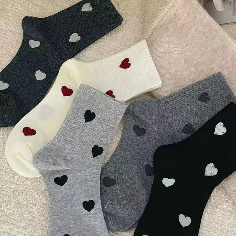 5 Pairs Women's Cute Heart Shaped Mid Tube Socks Spring and Autumn New Ins Trendy Trendy Versatile High Beauty Duty Series Socks