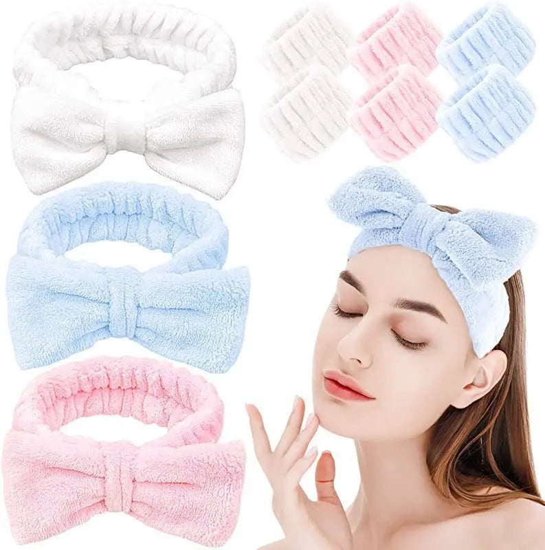 Soft Coral Fleece Headband for Women Wide Bow Hair Band Wristband Hair Accessories for Skincare and Face Washing