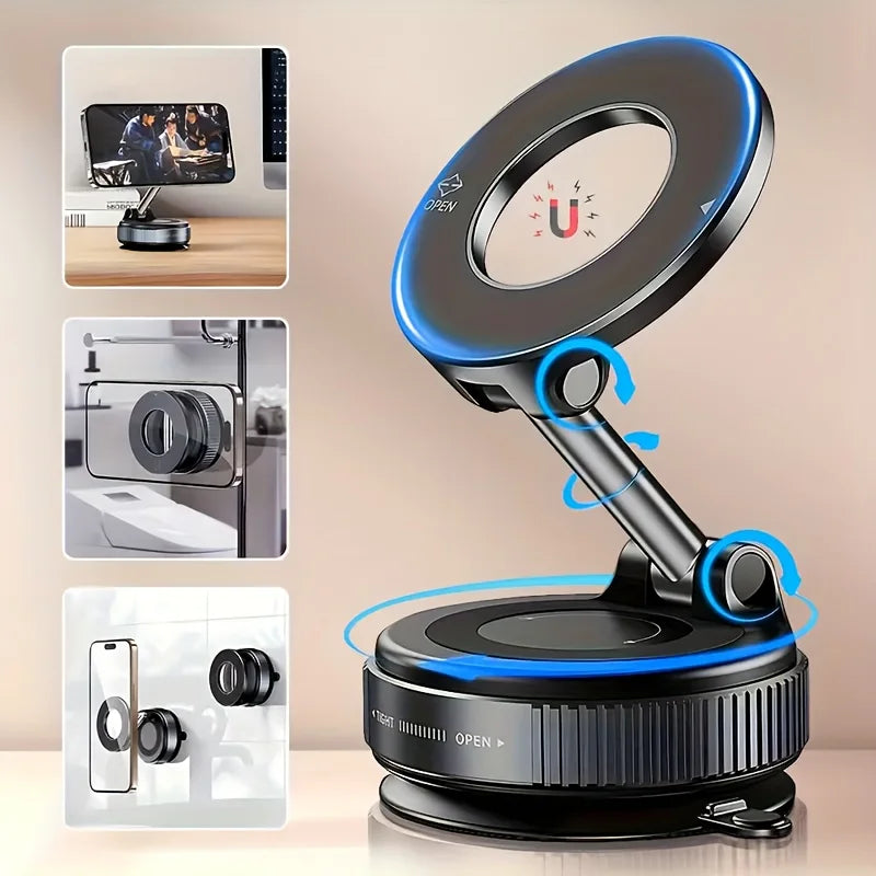 New car phone holder with magnetic suction, folding vacuum suction, rotating folding mechanism, and large silicone suction cup.
