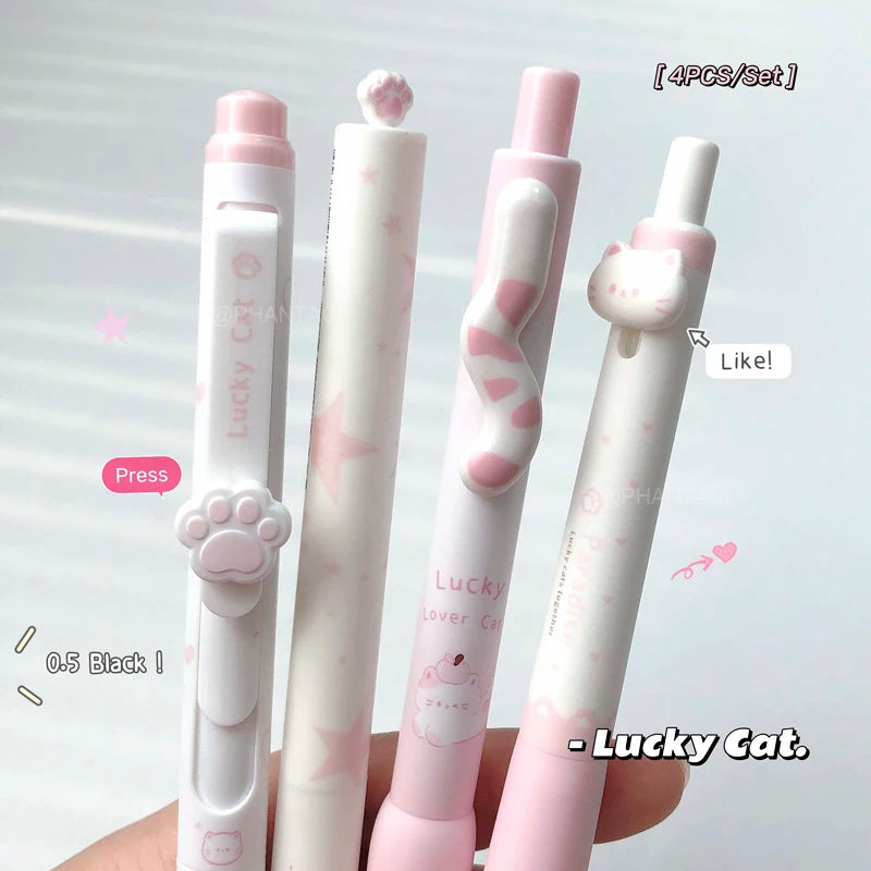 Lucky Cat Gel Pens – 4pc 0.5mm Black Ink Pens for Students & Office