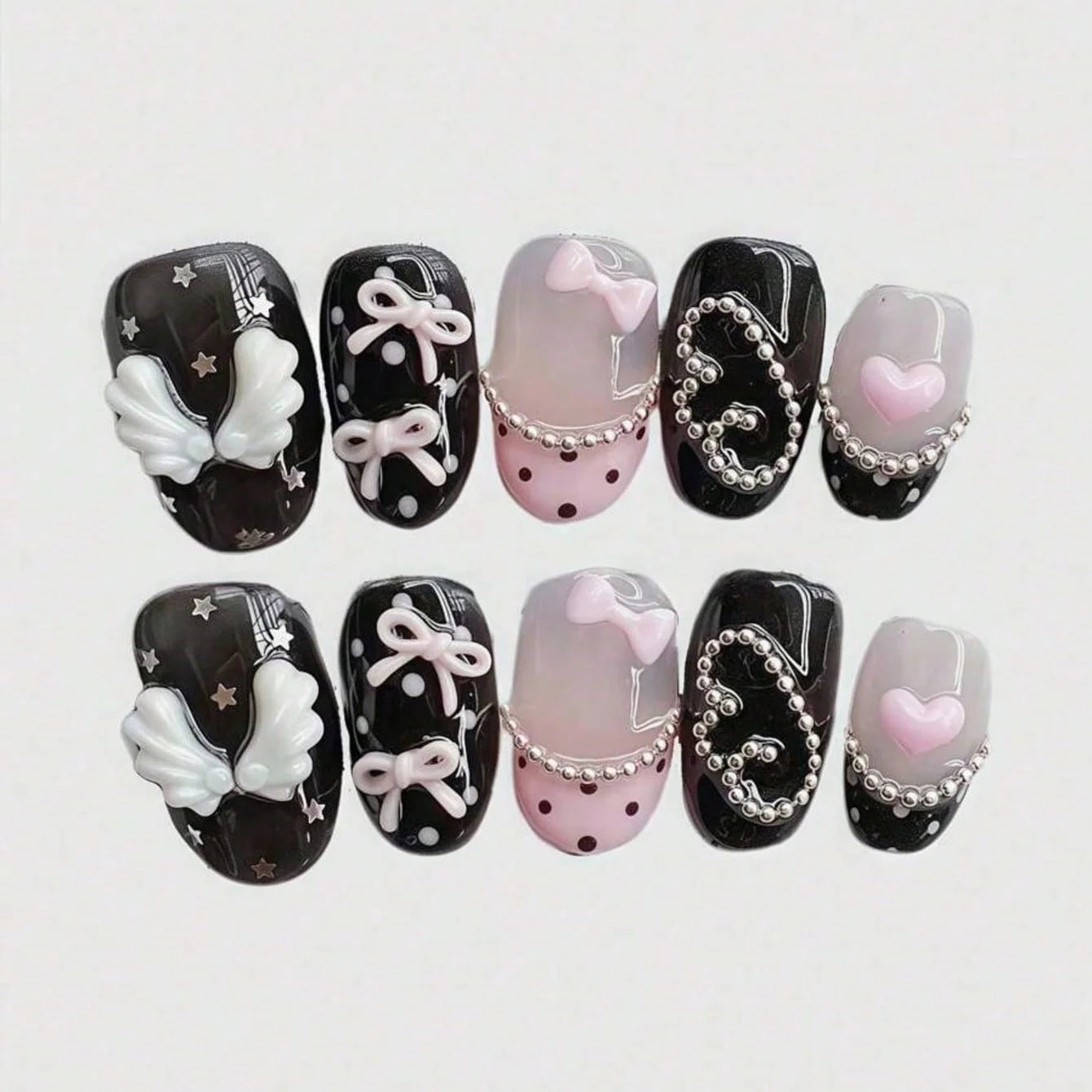 10pcs pure hand pressed short circular nail art, beautiful fake nails, sweet and cool pink bow, suitable for women to use