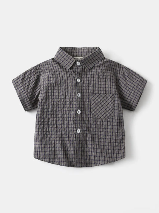 2026 Summer 2-6Y Childrens Clothes Turn-down Collar Bubble Plaid Boys Shirt with Chest Pocket Single-row Buttons