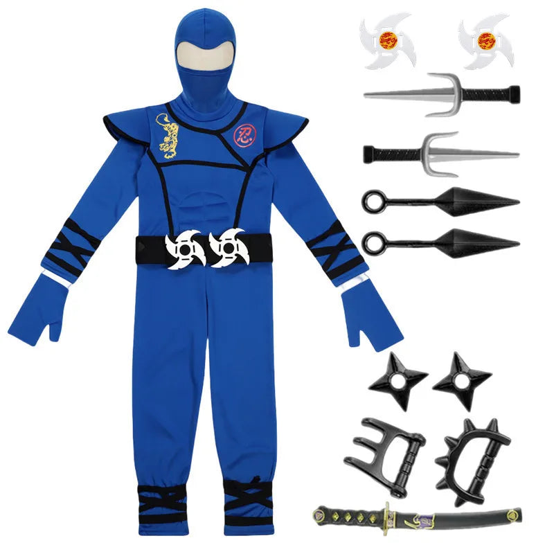 Black and Blue Ninja Costume for Kids Halloween Cosplay Party Outfit with Mask Toy Gift for Boys and Girls Holiday Party Costume