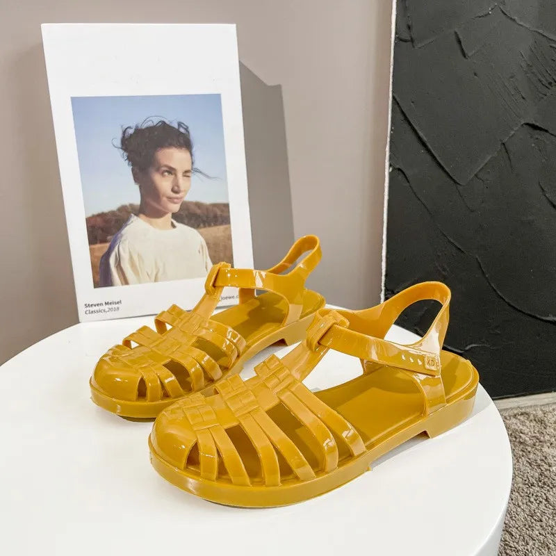 Summer Baotou Roman Women's Sandals Vintage Flat Heel Transparent Crystal Beach Shoes Flat Bottom Plastic Jelly Shoes SHW147