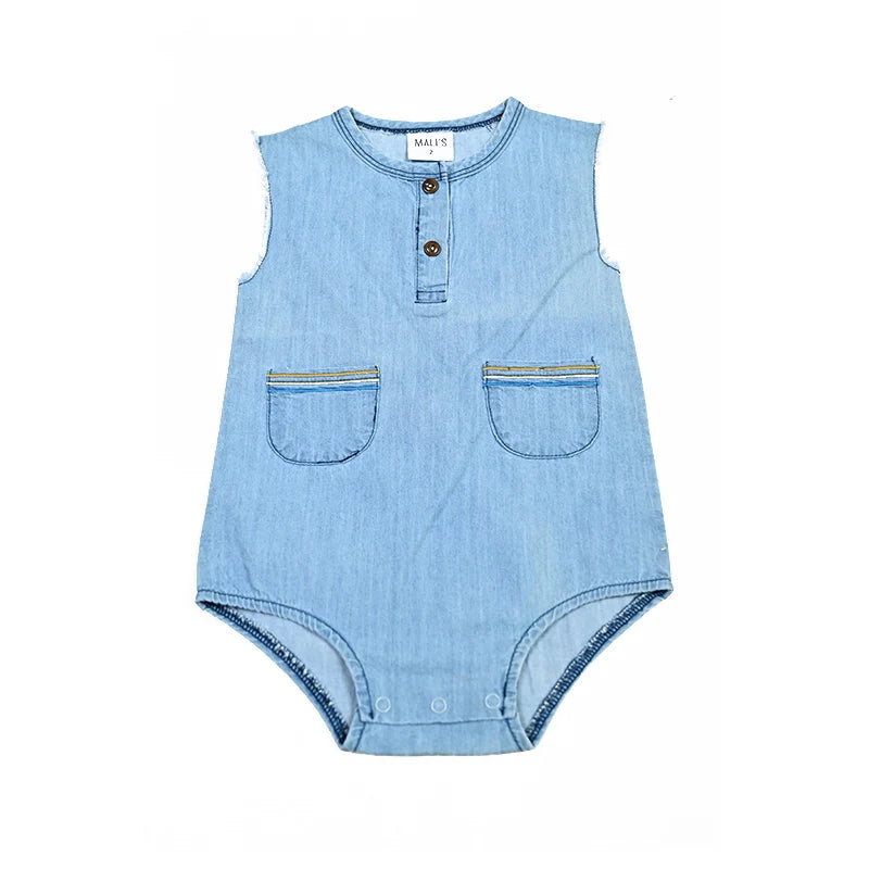 Summer kids clothes denim blue boy and girl dress t-shirt top set baby romper skirt colorful embroidery stripes children outfit