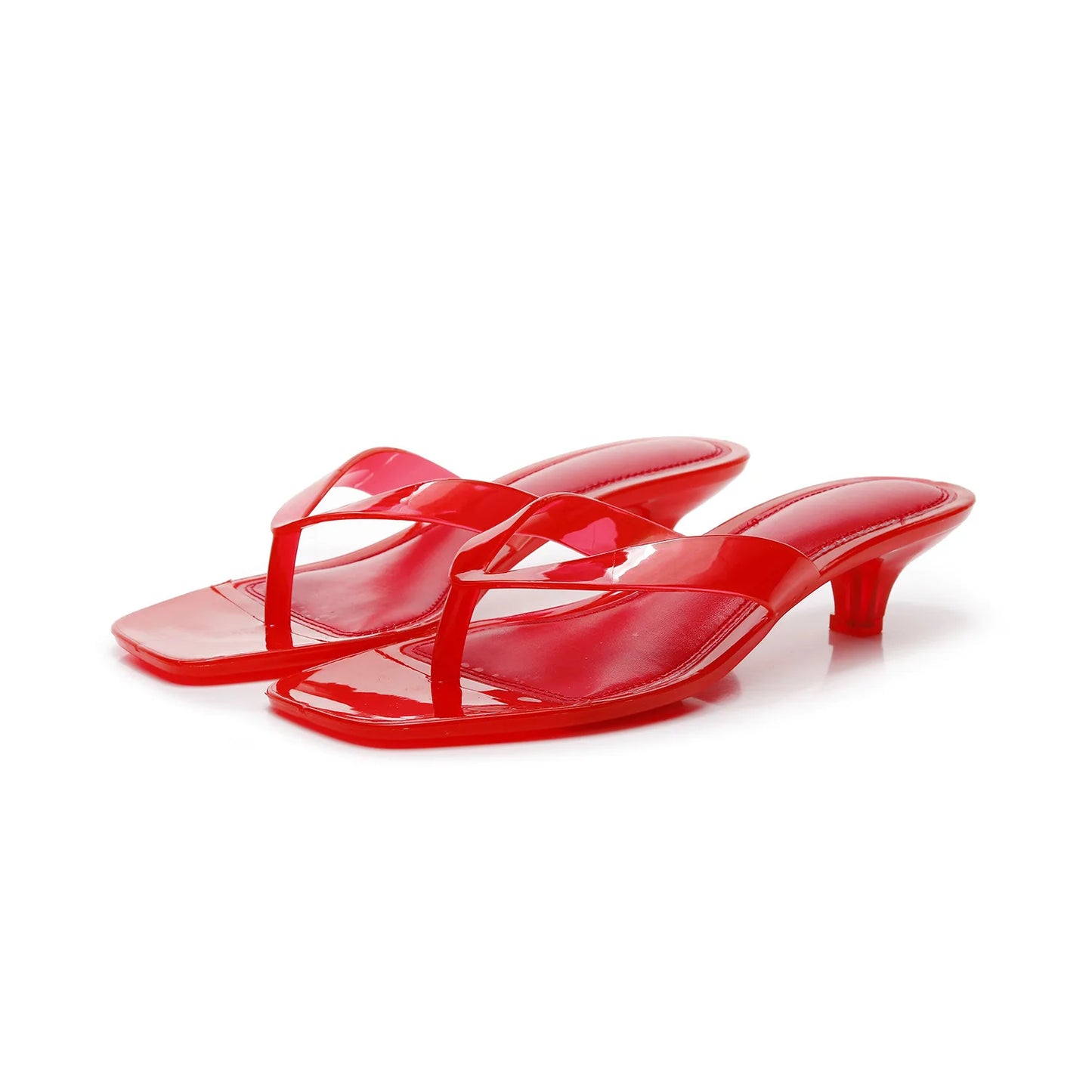 Summer Women Jelly Thong Flip Flops Square Toe Kitten Heel Slide Sandals Transparent TPU Beach Slippers