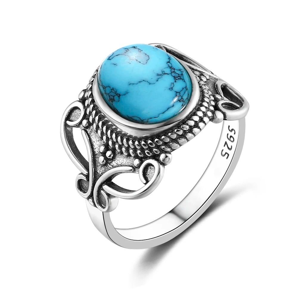S925 Silver Oval Natural Turquoise Rings for Men Women Silver Fine Jewelry