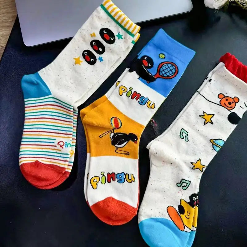 4 Pairs Pingu Medium Length Socks Women Cartoon Autumn Winter Casual Breathable Soft Versatile Fashionable Kawaii Girls Socks