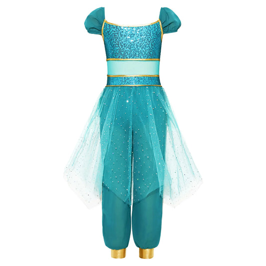 Girls Arabian Princess Costume – Sequin Tulle Belly Dance Jumpsuit, Sizes 6–16