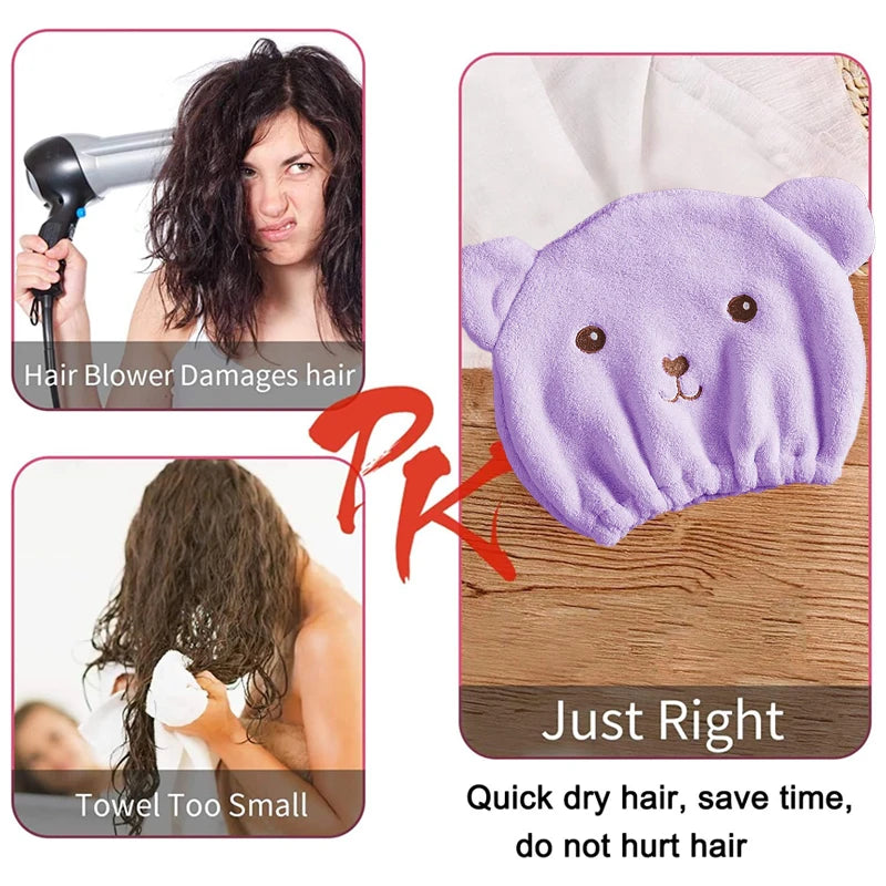 Thinnest Dry Hair Cap For Women Quick-drying Absorbent Microfiber Head Towel Korean Cute Bear Embroidered Shower Cap Towel