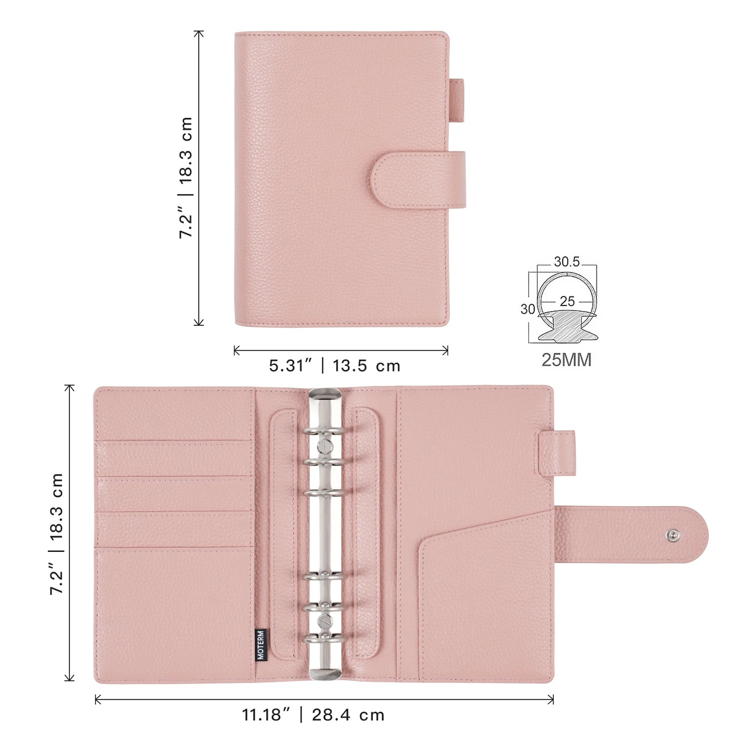 Moterm Personal Elite Rings Planner Without Back Pocket Pebbled Grain Leather Notebook Journal with 25mm Rings Organizer Cover