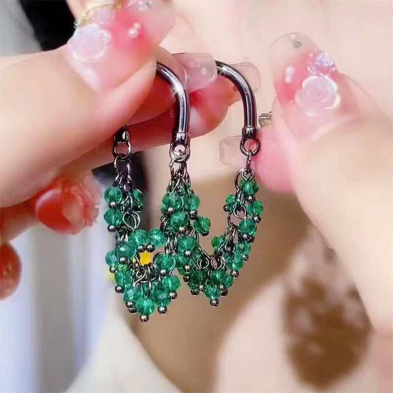 New Green Red Crystal Beaded Pendant Tassel Earrings for Women Exquisite Light Luxury Unique Design Personalized Girls Jewelry